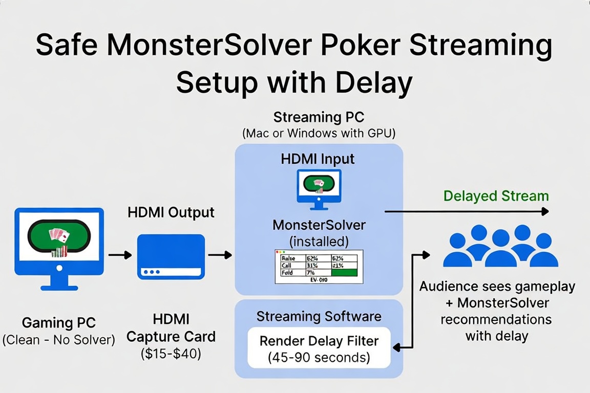 Safe streaming setup: a clean gaming PC sends video through an HDMI capture card to a separate streaming PC running MonsterSolver and a 45-90 second render delay, so the audience sees gameplay plus GTO recommendations on a delayed stream.
